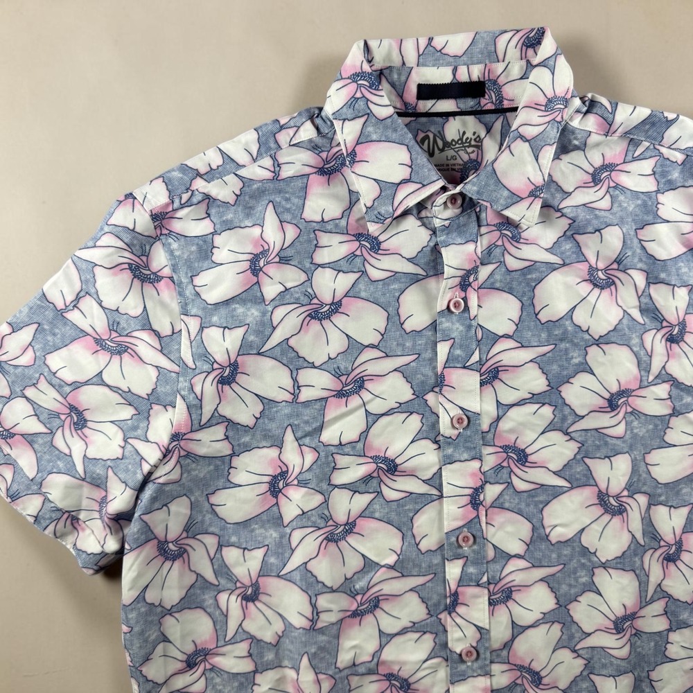 Woodys Retro Lounge Mens Large Floral Short Sleeve Button Down Shirt Blue Pink